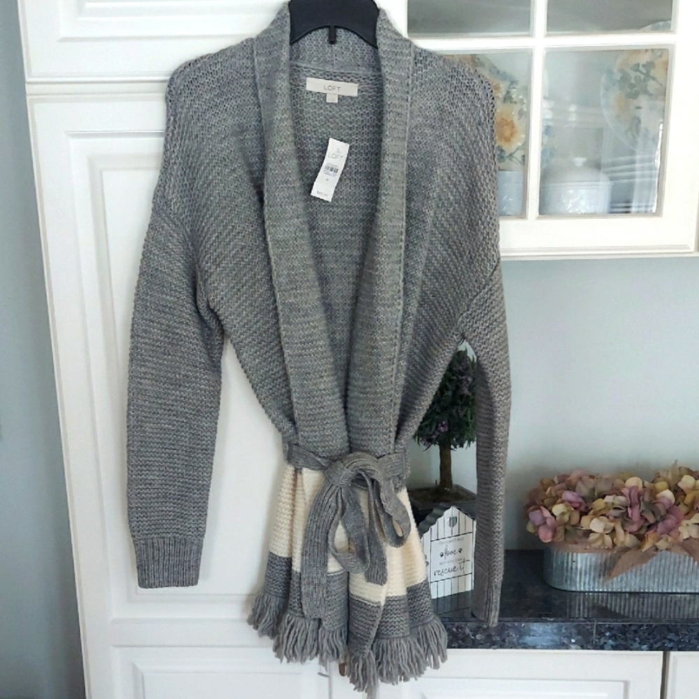 Loft Cozy Gray and Cream Cardigan Sweater. Size M